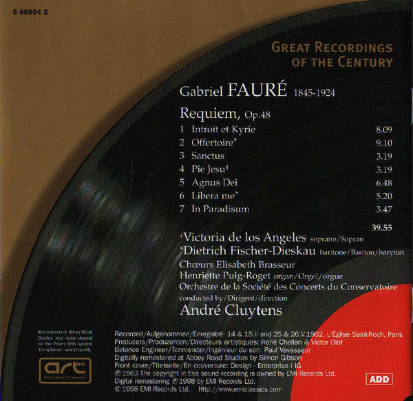 Gabriel Fauré - Victoria De Los Angeles · Dietrich Fischer-Dieskau · Choeurs Elisabeth Brasseur · Orchestre De La Société Des Concerts Du Conservatoire · André Cluytens : Requiem (CD, Album, RE, RM)