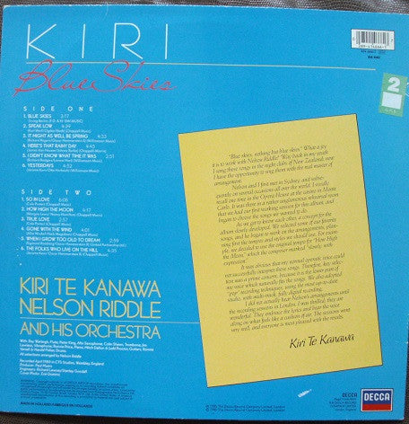 Kiri Te Kanawa - Nelson Riddle And His Orchestra : Blue Skies (LP, Album)