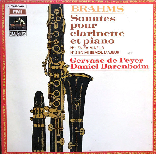 Johannes Brahms - Gervase de Peyer, Daniel Barenboim : Sonates Pour Clarinette Et Piano N° 1 En Fa Mineur, N° 2 En Mi Bémol Majeur  (LP)