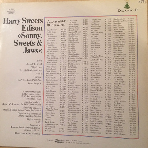 Sonny Stitt, Harry Sweets Edison* & Eddie Lockjaw Davis* : Sonny, Sweets & Jaws (LP, RE)
