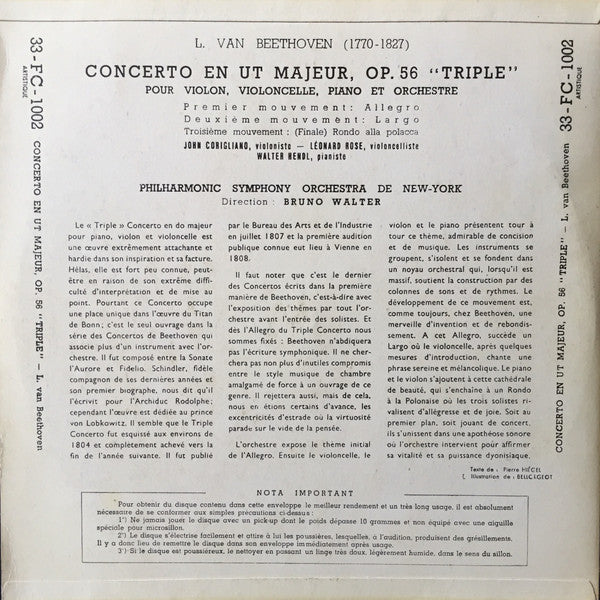 Ludwig van Beethoven, John Corigliano (2), Leonard Rose, Walter Hendl, Bruno Walter, Philharmonic-Symphony Orchestra Of New York : Concerto En Ut Majeur Op. 56 "Triple" Pour Violon, Violoncelle, Piano Et Orchestre (10", Mono)