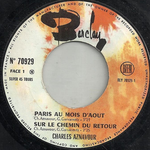Charles Aznavour : Chante Paris Au Mois D'août (7", EP)