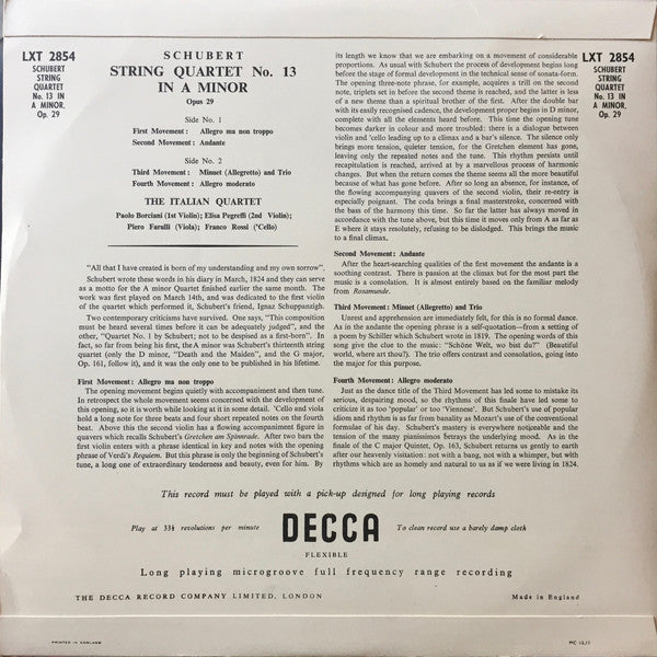 Schubert*, The Italian Quartet* : String Quartet No. 13 In A Minor Opus 29 (LP, Album)
