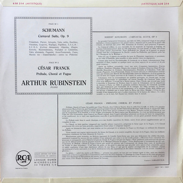 Robert Schumann, César Franck, Arthur Rubinstein : Carnaval Opus 9 : Schumann - Prélude Choral Et Fugue : César Franck (LP, Album, Mono)