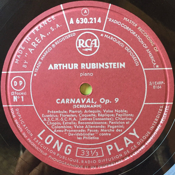 Robert Schumann, César Franck, Arthur Rubinstein : Carnaval Opus 9 : Schumann - Prélude Choral Et Fugue : César Franck (LP, Album, Mono)