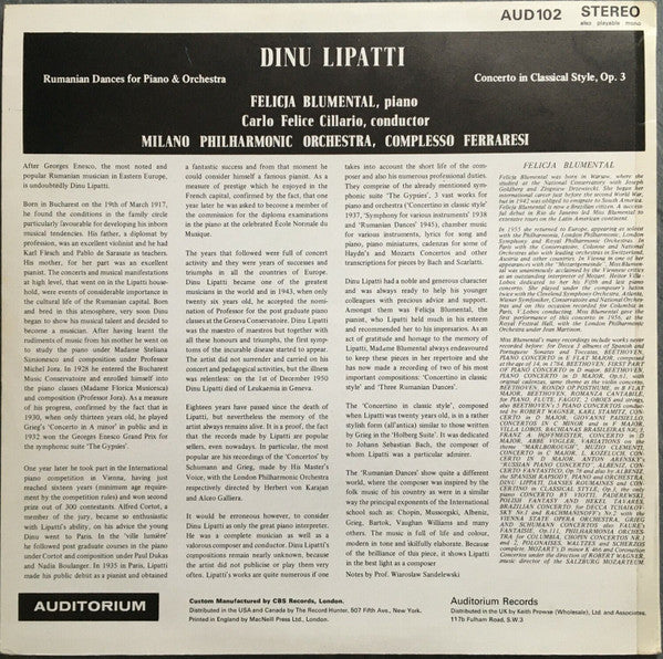Dinu Lipatti - Carlo Felice Cillario, Orchestra Filarmonica Di Milano, Felicja Blumental : Roumanian Dances 1943 / Concertino In Classical Style Op 3 (LP)