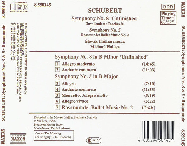 Franz Schubert, Slovak Philharmonic Orchestra, Michael Halász : Symphony No. 8 'Unfinished' / Symphony No. 5 / Rosamunde: Ballet Music No. 2 (CD)