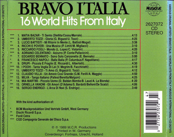 Various : Bravo Italia 16 World Hits From Italy (CD, Comp)