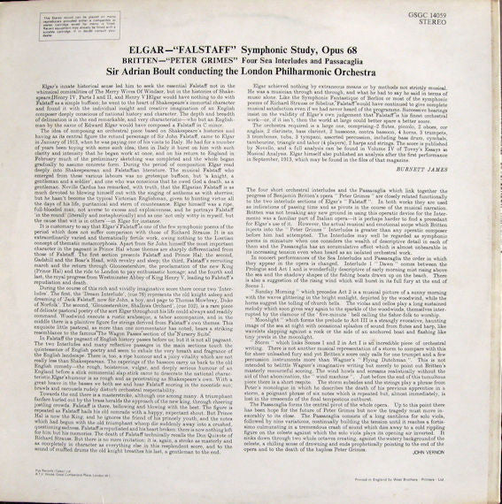 Sir Edward Elgar, Benjamin Britten, Sir Adrian Boult Conducting The London Philharmonic Orchestra : Falstaff (Symphonic Study, Opus 68) / Four Sea Interludes And Passacaglia From Peter Grimes (LP, Album)