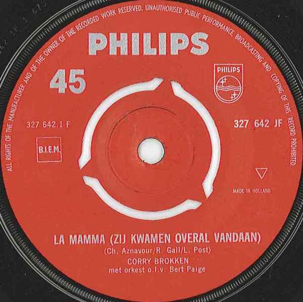 Corry Brokken : La Mamma (Zij Kwamen Overal Vandaan) / Geef Mij Je Hand  (7", Single, Mono, Red)