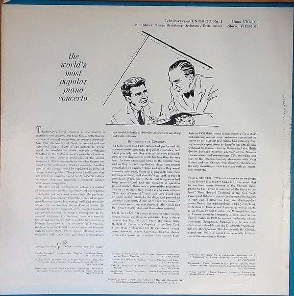 Pyotr Ilyich Tchaikovsky, Emil Gilels, Fritz Reiner, Chicago Symphony Orchestra : Piano Concerto No. 1 (LP, Album, Mono)