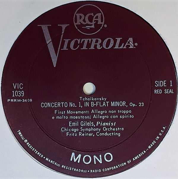 Pyotr Ilyich Tchaikovsky, Emil Gilels, Fritz Reiner, Chicago Symphony Orchestra : Piano Concerto No. 1 (LP, Album, Mono)
