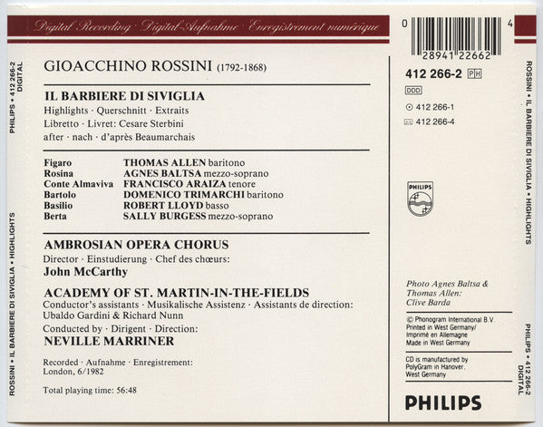 Gioacchino Rossini - Thomas Allen - Agnes Baltsa - Francisco Araiza, Robert Lloyd (4), The Academy Of St. Martin-in-the-Fields, Sir Neville Marriner : Il Barbiere Di Siviglia Highlights (CD, Album, RE)
