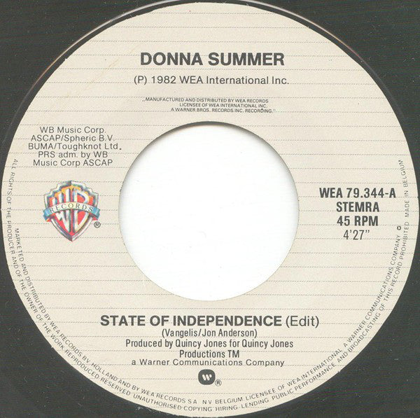 Donna Summer : State Of Independence (7")