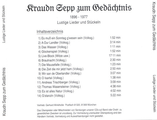 Kraudn Sepp : Kraudn Sepp Zum Gedächtnis. 1896-1977. Lustige Lieder Und Stückeln (CD, Comp)