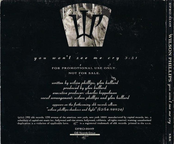 Wilson Phillips : You Won't See Me Cry (CD, Single, Promo, Fol)