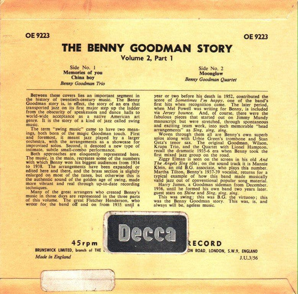 Benny Goodman Trio / The Benny Goodman Quartet : The Benny Goodman Story Volume 2 Part 1 (7", EP)