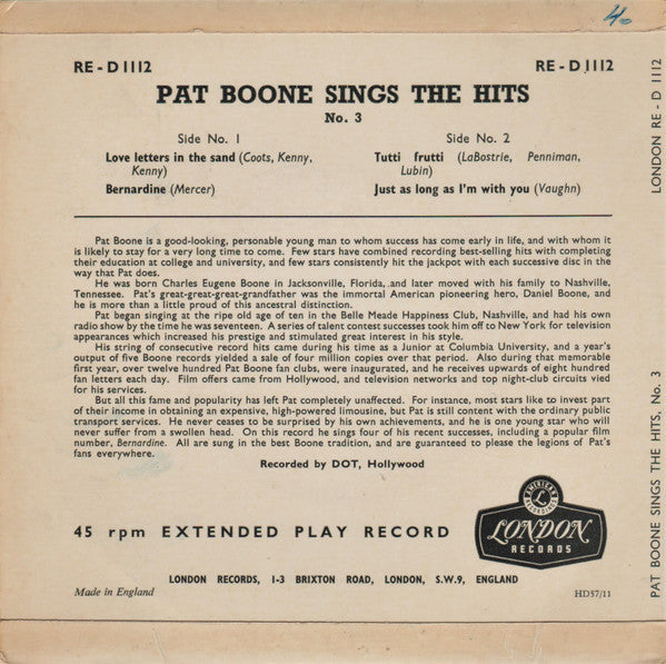 Pat Boone : Sings The Hits Number 3 (7", EP)