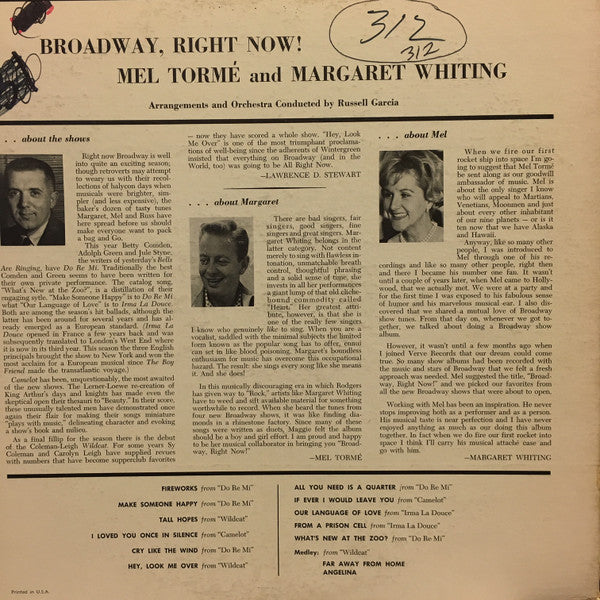 Mel Tormé & Margaret Whiting : Broadway, Right Now! (LP, Album)