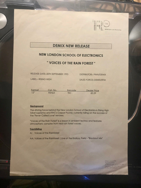 New London School Of Electronics : Voices Of The Rain Forest (12", W/Lbl)