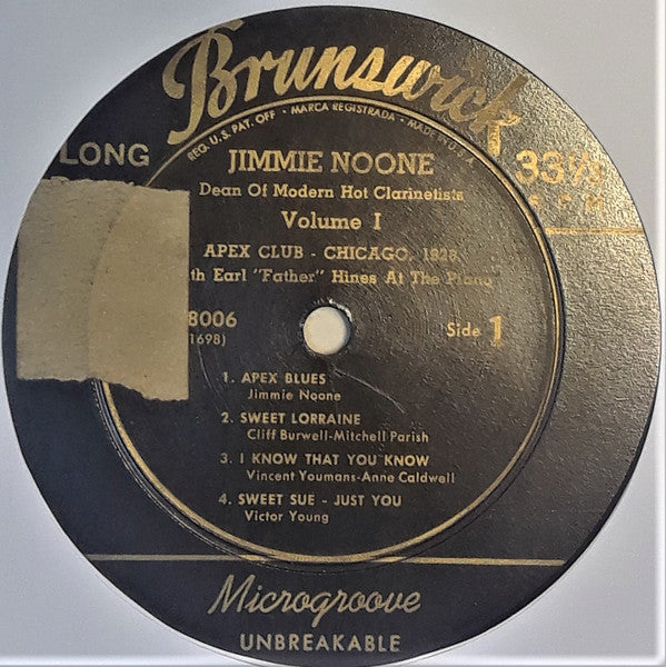 Jimmie Noone's Apex Club Orchestra With Earl Hines : Dean Of Modern Hot Clarinetists Volume 1 (10")