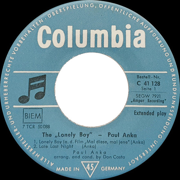 Paul Anka : The Lonely Boy (7", EP, Mono)