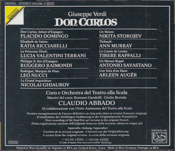 Giuseppe Verdi / Placido Domingo / Katia Ricciarelli / Lucia Valentini Terrani / Leo Nucci / Ruggero Raimondi / Nicolai Ghiaurov / Coro Del Teatro Alla Scala E Orchestra Del Teatro Alla Scala / Romano Gandolfi / Giulio Bertola / Claudio Abbado : Don Carlos (4xCD, Album, Sli + Box)