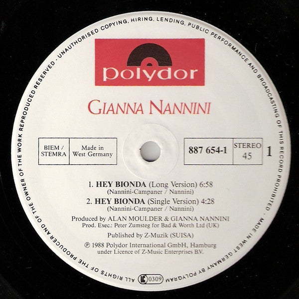 Gianna Nannini : Hey Bionda (12", Maxi)