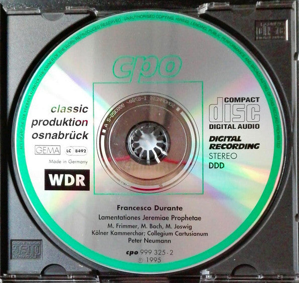 Francesco Durante - Monika Frimmer, Mechthild Bach, Margarete Joswig, Kölner Kammerchor, Collegium Cartusianum, Peter Neumann (2) : Lamentationes Jeremiae Prophetae (CD)