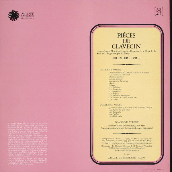 François Couperin, Blandine Verlet : Premier Livre De Piéces De Clavecin - Troisiême & Quatriême Ordres (LP)