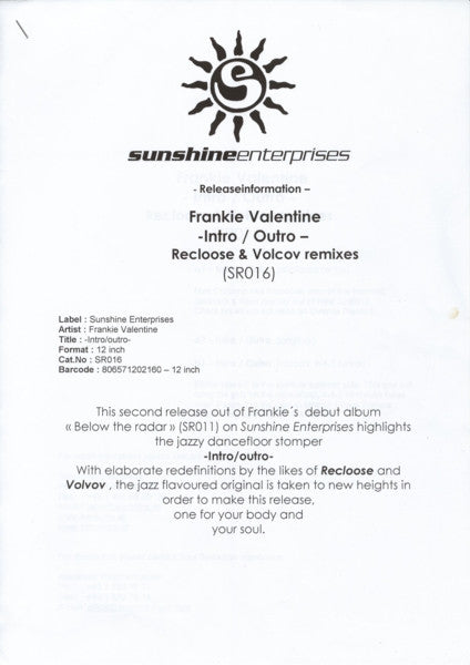 Frankie Valentine : Intro/Outro (12", Promo, W/Lbl)