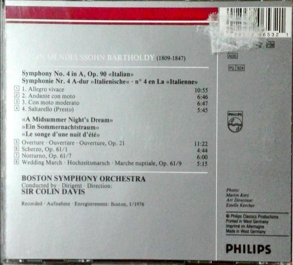 Felix Mendelssohn-Bartholdy - Sir Colin Davis, Boston Symphony Orchestra : Symphony No. 4 "Italian" / Music From A "Midsummer Night's Dream" (CD, Album, RE, RM)