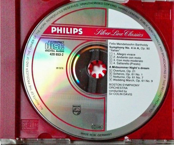 Felix Mendelssohn-Bartholdy - Sir Colin Davis, Boston Symphony Orchestra : Symphony No. 4 "Italian" / Music From A "Midsummer Night's Dream" (CD, Album, RE, RM)