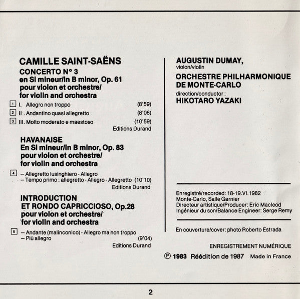 Camille Saint-Saëns - Augustin Dumay, Orchestre Philharmonique De Monte-Carlo, Hikotaro Yazaki : Concerto N°3 / Havanaise / Introduction & Rondo Capriccioso (CD, Album, RE)