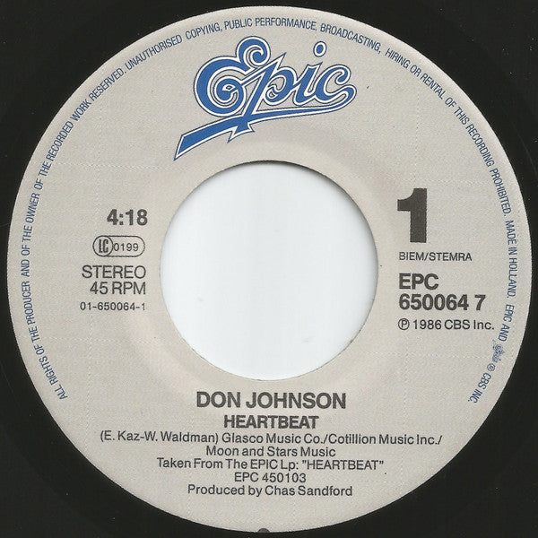 Don Johnson : Heart Beat (7", Single)