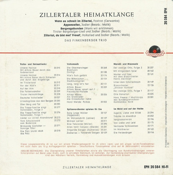 Finkenberger Trio : Zillertaler Heimatklänge (7", EP, Mono)