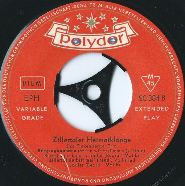 Finkenberger Trio : Zillertaler Heimatklänge (7", EP, Mono)