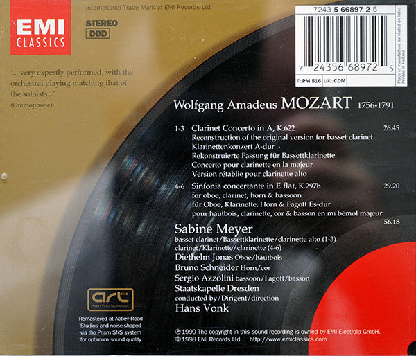 Wolfgang Amadeus Mozart - Sabine Meyer · Diethelm Jonas · Sergio Azzolini · Bruno Schneider · Staatskapelle Dresden · Hans Vonk : Clarinet Concerto K.622 / Sinfonia Concertante K.297b (CD, Album, RE, RM)