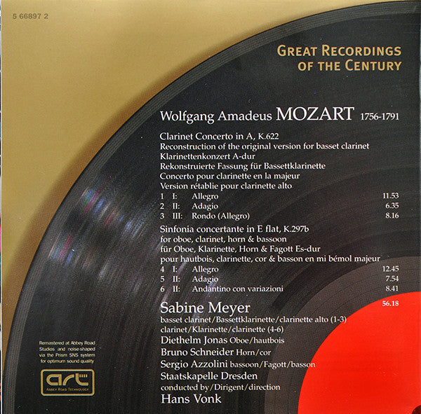 Wolfgang Amadeus Mozart - Sabine Meyer · Diethelm Jonas · Sergio Azzolini · Bruno Schneider · Staatskapelle Dresden · Hans Vonk : Clarinet Concerto K.622 / Sinfonia Concertante K.297b (CD, Album, RE, RM)