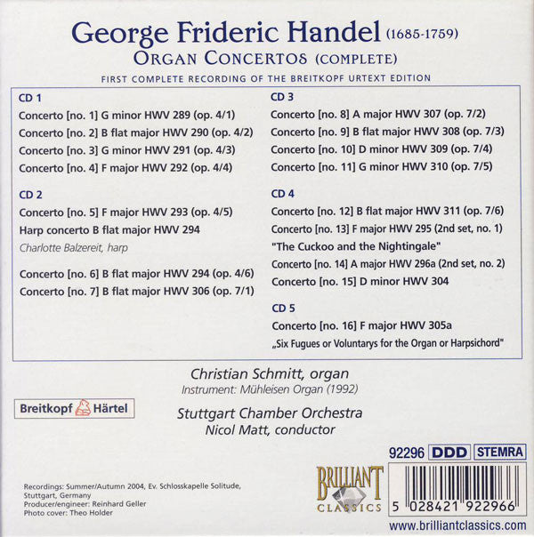 Georg Friedrich Händel / Christian Schmitt (2), Stuttgarter Kammerorchester, Nicol Matt : Organ Concertos (Complete) (5xCD + Box)