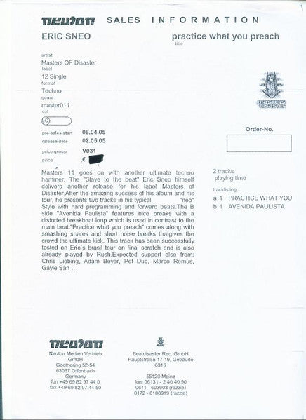 Eric Sneo : Practice What You Preach (12", Promo, W/Lbl, Sti)