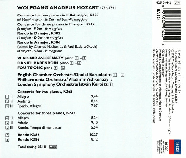 Wolfgang Amadeus Mozart – Vladimir Ashkenazy, Daniel Barenboim, Fou Ts'Ong : Concertos For 2 & 3 Pianos, K365 & K242 • Rondos K382 & K386 (CD, Comp, RM)
