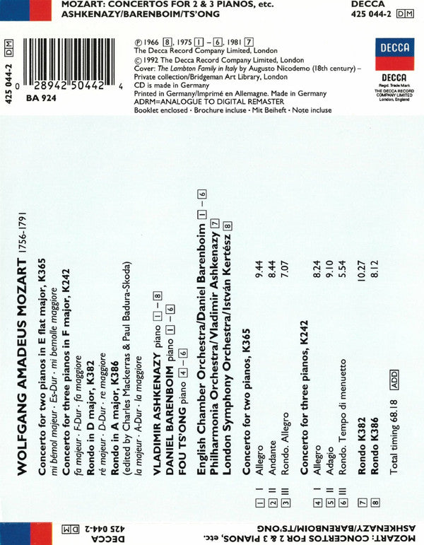 Wolfgang Amadeus Mozart – Vladimir Ashkenazy, Daniel Barenboim, Fou Ts'Ong : Concertos For 2 & 3 Pianos, K365 & K242 • Rondos K382 & K386 (CD, Comp, RM)