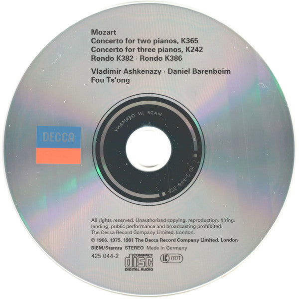 Wolfgang Amadeus Mozart – Vladimir Ashkenazy, Daniel Barenboim, Fou Ts'Ong : Concertos For 2 & 3 Pianos, K365 & K242 • Rondos K382 & K386 (CD, Comp, RM)