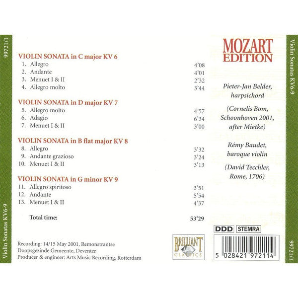 Wolfgang Amadeus Mozart, Pieter-Jan Belder, Rémy Baudet : Violin Sonatas KV 6-9 (CD)