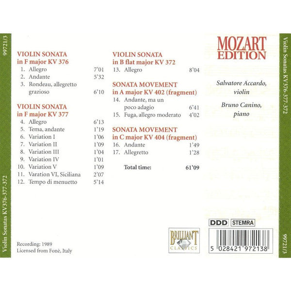 Wolfgang Amadeus Mozart : Violin Sonatas KV 376-377-372 (CD)