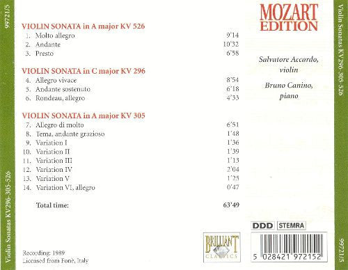 Wolfgang Amadeus Mozart : Violin Sonatas KV 296-305-526 (CD)