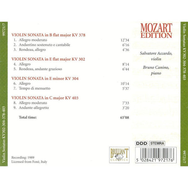 Wolfgang Amadeus Mozart : Violin Sonatas 302-304-378-403 (CD)
