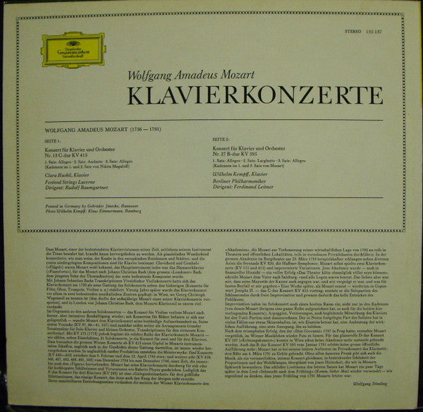 Wolfgang Amadeus Mozart - Clara Haskil · Wilhelm Kempff : Klavierkonzerte Nr. 13 C-Dur, KV 415 · Nr. 27 B-Dur, KV 595 (LP)