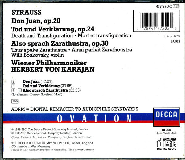 Richard Strauss - Wiener Philharmoniker, Herbert von Karajan : Also Sprach Zarathustra / Don Juan / Tod Und Verklärung  (CD, Comp, RM)